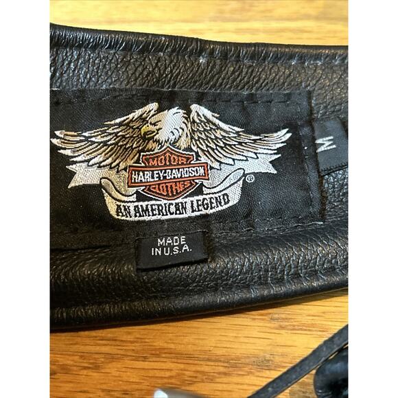 Harley Davidson Black Leather Men's Biker Chaps 98480-97VM Medium Logo snaps EUC - Picture 6 of 14